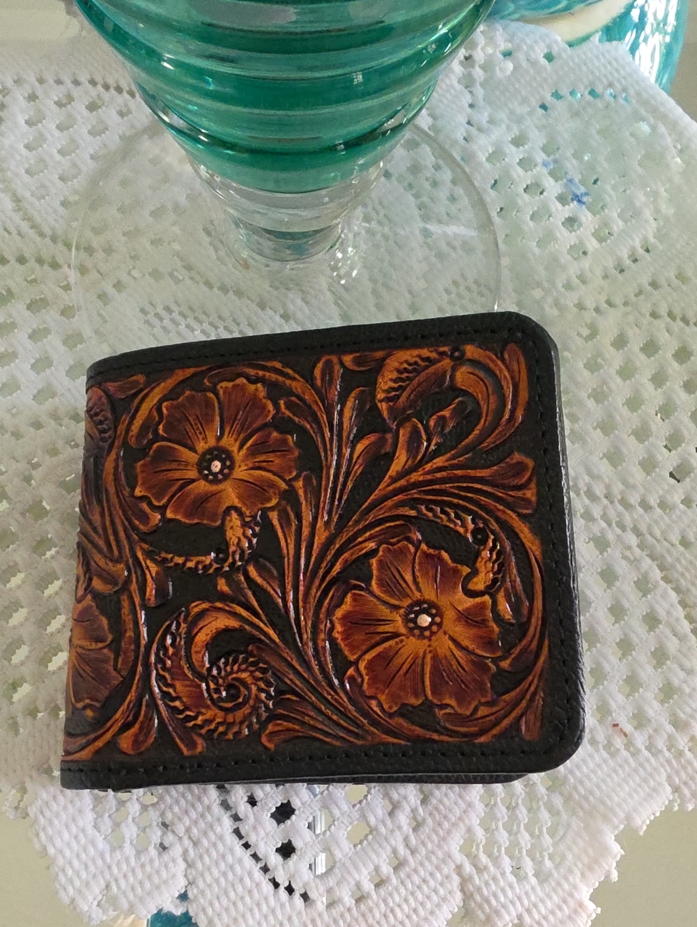 Wrangler Tooled Floral Leather Bifold Wallet - Brown and Black